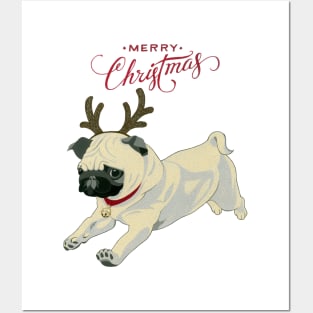 Merry Christmas Pug Posters and Art